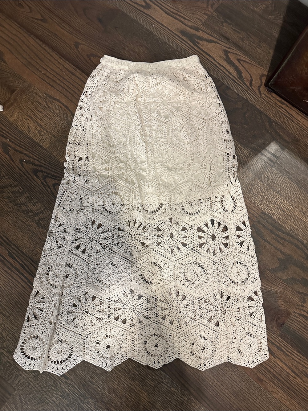 Crochet Maxi Skirt in White - Boho Floral Knit